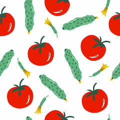 Young cucumbers with a flower and tomatoes vegetables. Geometric seamless pattern on a white background. 