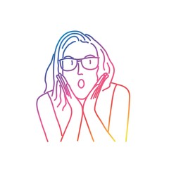 Surprised girl with glasses. Rainbow colors in linear vector illustration.