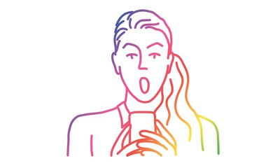 Surprised young woman using smart phone. Rainbow colors in linear vector illustration.