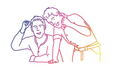 Successful businessmen raised their hands. Rainbow colors in linear vector illustration.