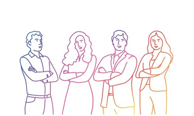 Business people stand with arms crossed. Rainbow colors in linear vector illustration.