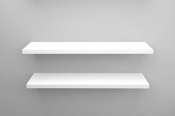 3d rendered white shelves on a white wall clean minimalistic product showcase mockup  template 