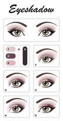 Eye makeup with arrows. Eye shadows are applied step by step. Eye color is greenish brown.