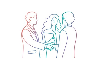 Business meeting. People handshake. Rainbow colors in linear vector illustration.