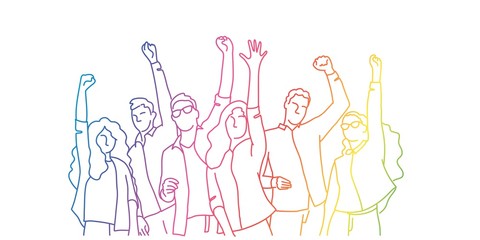 Happy people raised arms. Rainbow colors in linear vector illustration.