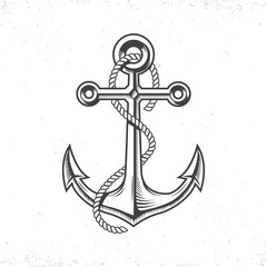 Vintage sea anchor with a rope, isolated on white background with grunge texture.Hand drawn in a graphic style. © Дмитрий Щербинин