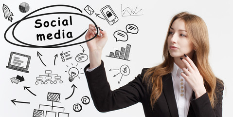 Business, technology, internet and network concept. Young businessman thinks over ideas to become successful: Social media