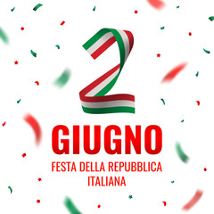 Vector greeting card with number two folded from the paper in colors of the Italian flag, falling confetti, and text isolated on white background. Translation: "June 2. Italian Republic Day.".