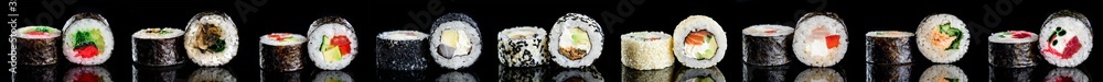 Wall mural sushi rolls collection on black set background