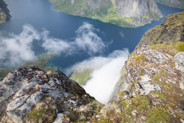 Looking down at Reinefjorden from the ridge high above. 