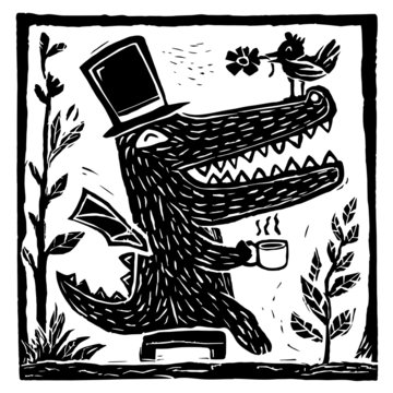linocut printing vector illustration