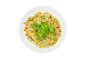 Fried rice on a white plate on white background