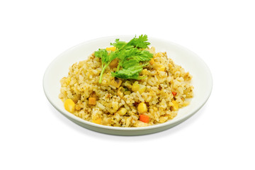 Fried rice on a white plate on white background