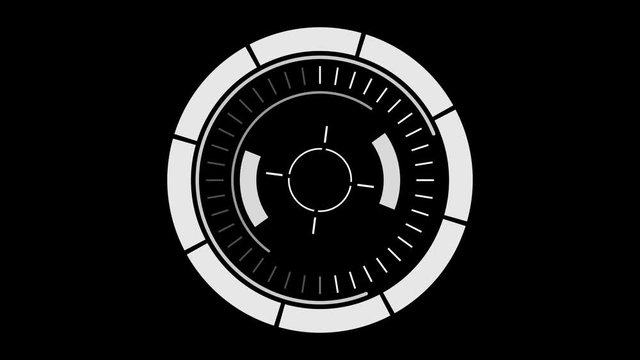 White Circular HUD reload and shoot. Hologram animation spinning on a black background. Game control interface element. Monitor fighter aircraft or drone. head-up display. Technology user interface.