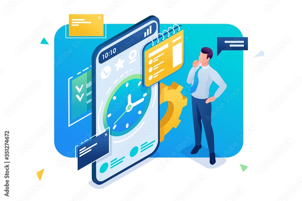 Poster businessman engaged in time management using the application on the smartphone. 3d isometric. concep