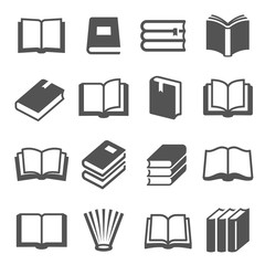 Books black icons set on white. Literature, publishing house, library pictograms collection.