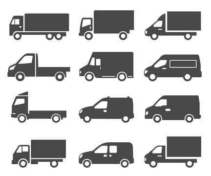 Cars, autos, trucks black icons set isolated on white. Lorry, van, camion pictograms collection.