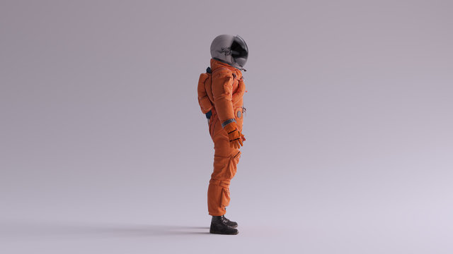 Orange Astronaut with Black Visor With Light Grey Background with Neutral Diffused Side Lighting Side View 3d illustration 3d render