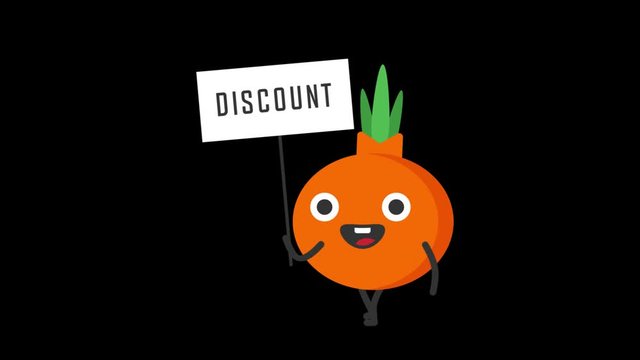Onion holds sign with word discount. Transparent background