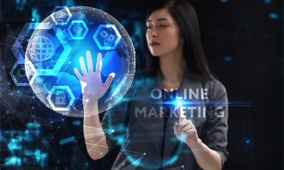 Business, Technology, Internet and network concept. Young businessman working on a virtual screen of the future and sees the inscription: Online marketing