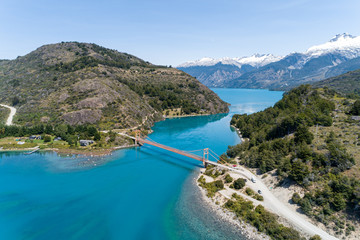 Aerial view of General Carrera bridge, Bertrand Lake and General Carrera Lake - Chile Chico, Aysén, Chile