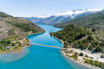 Aerial view of General Carrera bridge, Bertrand Lake and General Carrera Lake - Chile Chico,...