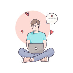 Man character sitting on floor holding laptop texting love message, sending love heart. Hand drawn flat style linear illustrations. Isolated vector on white background. Valentine's day card design.