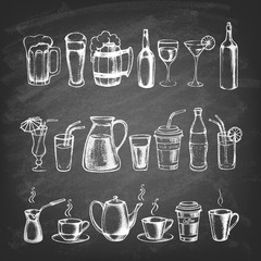  Set of different hand drawn beverages on the blackboard. Vector illustration. 