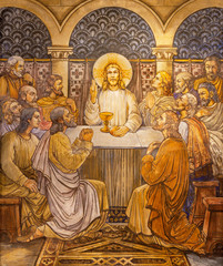 BARCELONA, SPAIN - MARCH 2, 2020: The modern fresco of Last supper in the church Parroquia Santa Teresa de l'Infant Jesus by Joan Sola Roma (1944). - obrazy, fototapety, plakaty