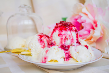 Still-life. Ice-cream Ice-cream with jam. Peonies. Sweets.