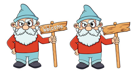 Cartoon old dwarf holding a welcome sign. Vector on a white background. stock illustration