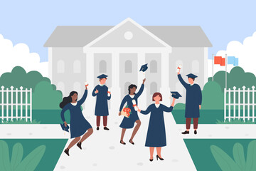 Happy graduate students vector illustration. Cartoon flat young people of different nations jumping with cap, certificate or diploma in hands, characters celebrating graduation education background