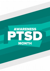 PTSD Awareness Month in June. Post Traumatic Stress Disorder. Celebrated annual in United States. Medical health care and awareness design. Poster, card, banner and background. Vector illustration