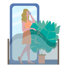 Beautiful blonde girl speaking on telephone standing on balcony. Freelancer working from home with phone. Design for call center, business. Flat vector illustration isolated on white background.