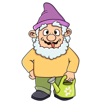 Funny cartoon gnome teasing shows tongue with a garden watering can. Vector isolated on white background. Stock illustration