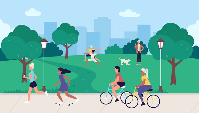 People in sport healthy activity vector illustration. Cartoon flat sportsman characters running, active woman man cycling, skateboarding or walking with pet dog in summer outdoor city park background