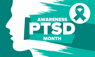 PTSD Awareness Month in June. Post Traumatic Stress Disorder. Celebrated annual in United States. Medical health care and awareness design. Poster, card, banner and background. Vector illustration