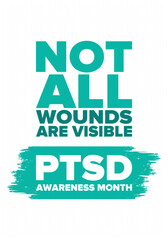 PTSD Awareness Month in June. Post Traumatic Stress Disorder. Celebrated annual in United States. Medical health care and awareness design. Poster, card, banner and background. Vector illustration