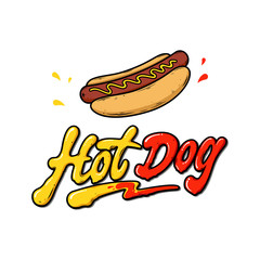 Vector hot dog illustration!Hot dog and  inscription of ketchup and mustard.Poster design for cafes, snack bars, fast food restaurants.