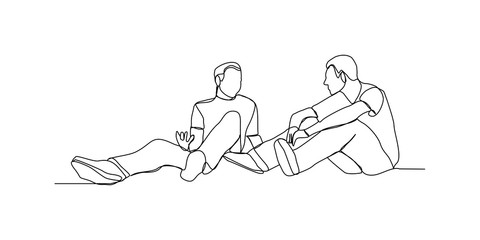 Continuous line drawing of two men sitting and talking discussion. vector illustration