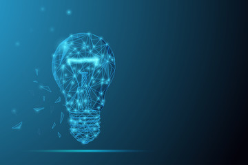 Futuristic glowing low polygonal electric light bulb made of stars, lines, dots, triangles isolated on dark blue background. Motivational concept.