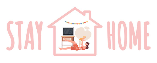 Stay home banner design. Mother with child doing sport at living room vector flat cartoon illustration.