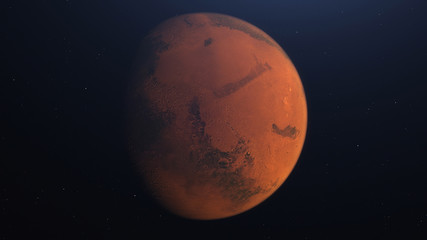 3D rendering of the Mars in space with illuminated craters and Martian mountains