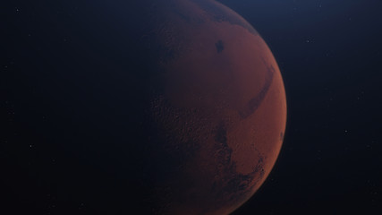 3D rendering of the Mars in space with illuminated craters and Martian mountains