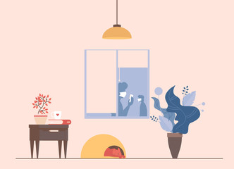 Living room interior during coronavirus outbreak vector flat cartoon illustration.