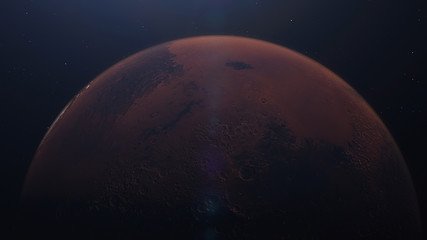 3D rendering of the Mars in space with illuminated craters and Martian mountains