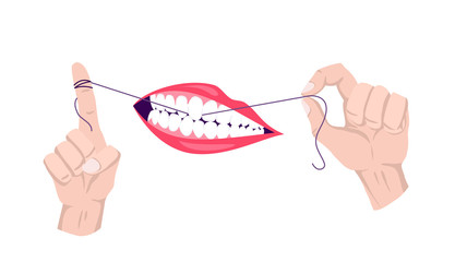 Clean teeth. Dental floss. Use hygiene floss for teeth. Oral health care concept. Mouth and teeth hygiene - obrazy, fototapety, plakaty