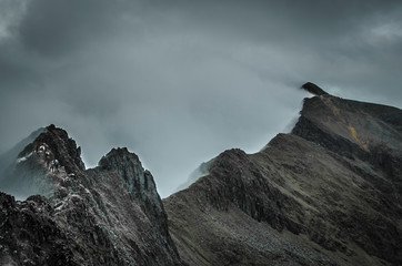 Crib Goch, a famous knife edged ridge line route to the summit of Mount Snowdon in the Snowdonia...