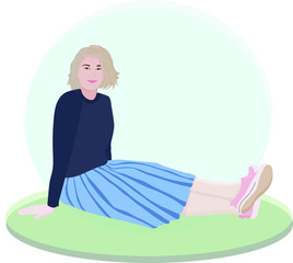 A girl in a skirt and sneakers sits with her legs extended forward. She relaxes and enjoys the rest. Vector illustration in a flat style. Female avatar and fashionable character