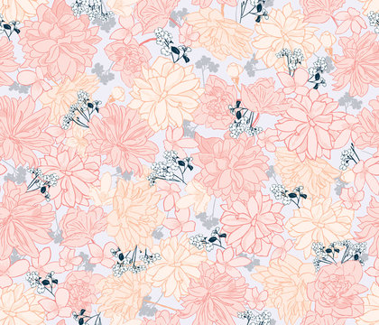 Vector pastel colors botanical seamless background, floral pattern, pink and yellow begony flowers backdrop for invitations, posters, web, fabric, cloth and etc.